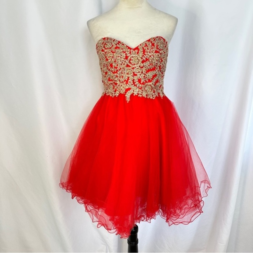 Damas By Tiffany Designs Beaded Dress GownSz Small‎ Tulle Little Red Lace Corset